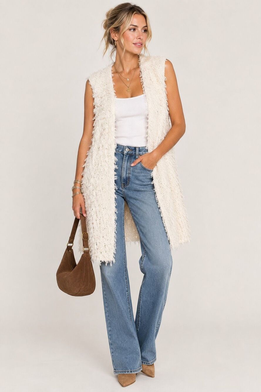 Free People Rolling Stone Furry Vest in Ivory Size S